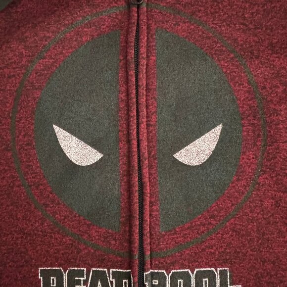 Marvel Deadpool Drawstring Hoodie Burgundy Zip Up Logo Sweater Men's Size L - Picture 4 of 5
